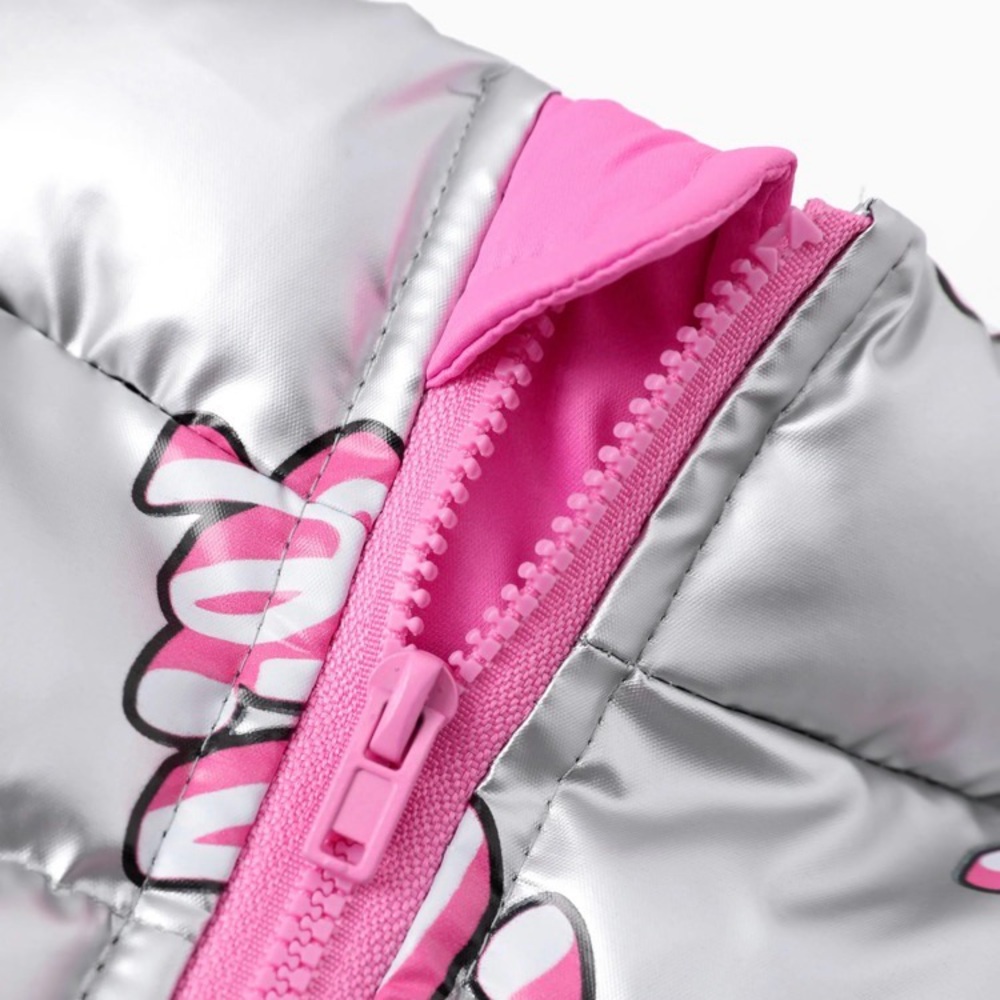 Barbie Girl 1pc Logo Pattern Long-sleeve Crop Puffer Jacket Silver and Pink - Picture 3 of 12